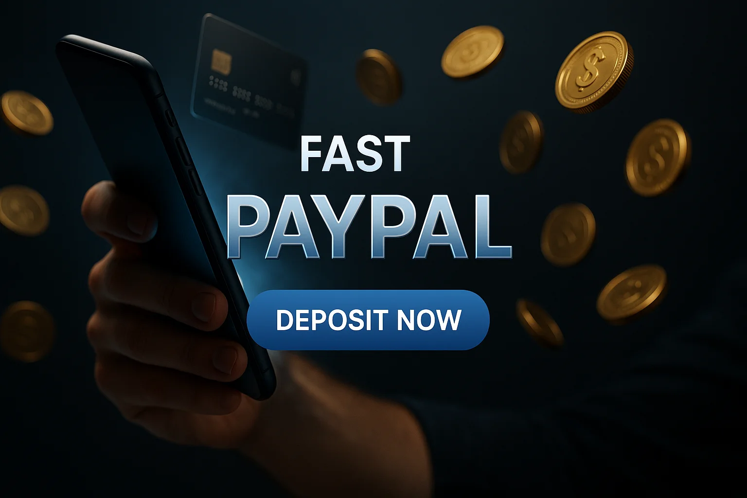Photorealistic casino banner with smartphone blue glow, coins and deposit button
