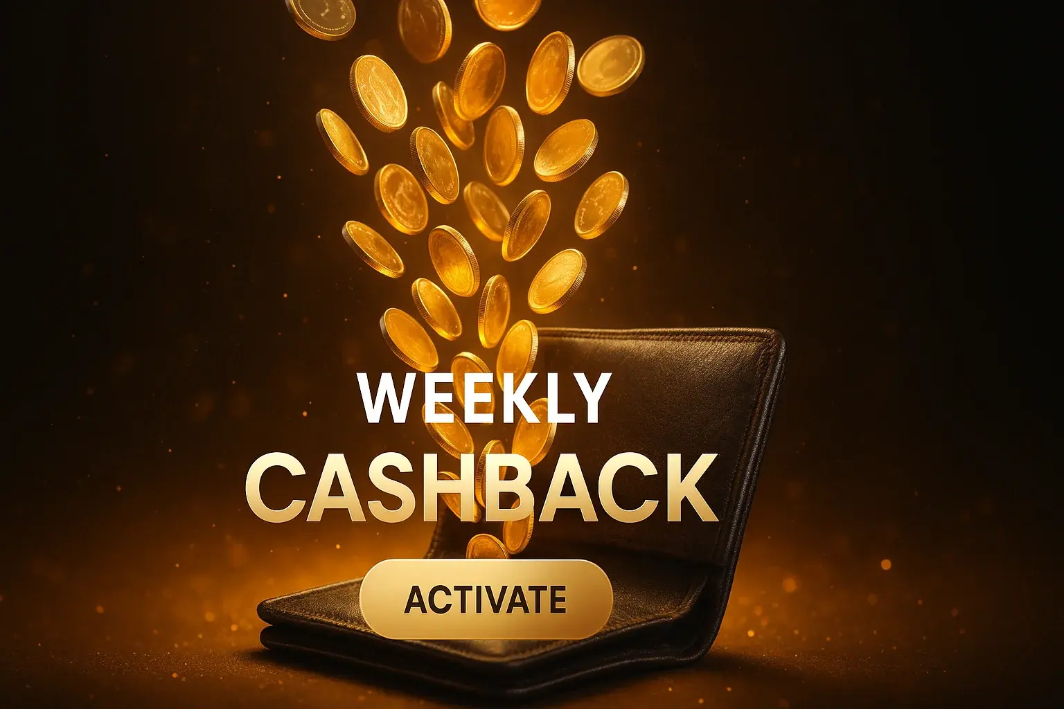 Photorealistic casino banner with gold coins, luxury wallet and weekly cashback CTA