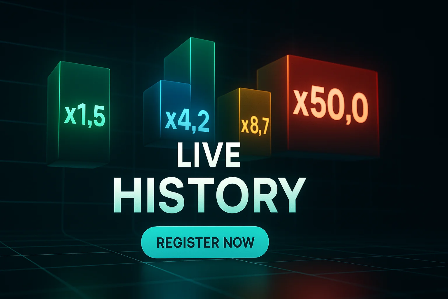 Futuristic crash game history banner with neon multiplier bars and register button
