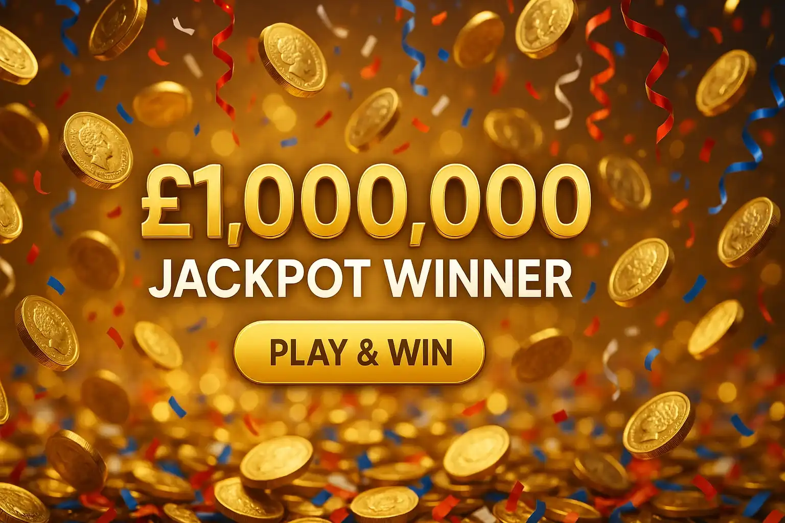 Photorealistic casino banner with falling gold pound coins and jackpot text