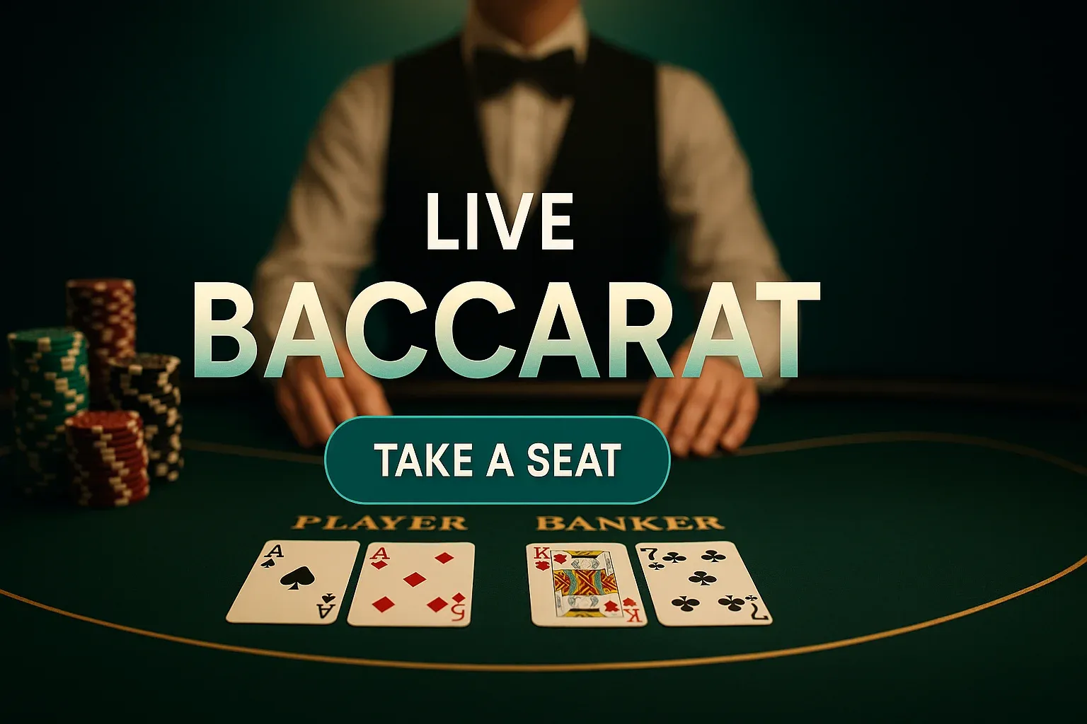Photorealistic live baccarat banner with cards, chips, dealer and centred CTA