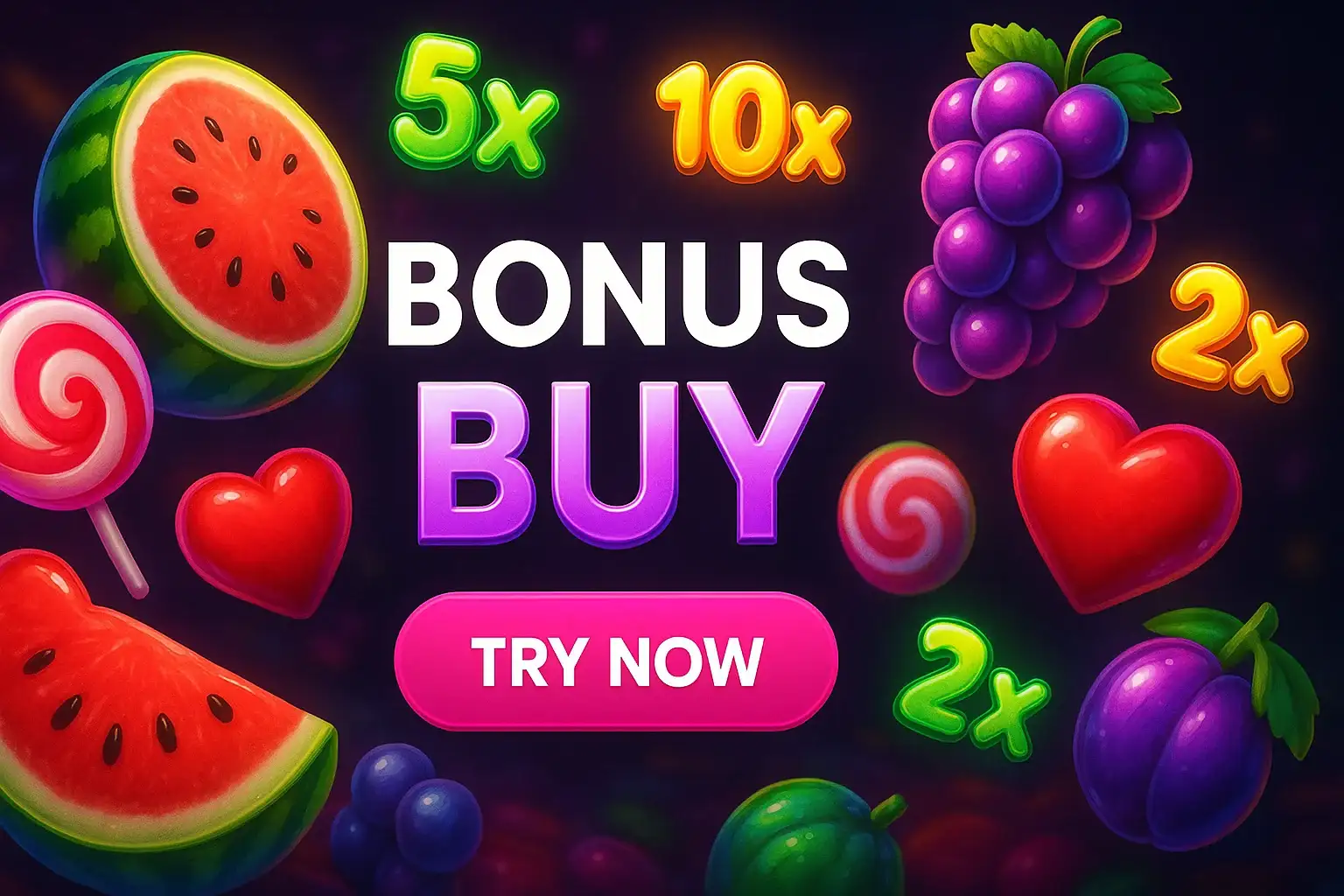 Photorealistic fruity candy slot banner with bonus buy and try now button