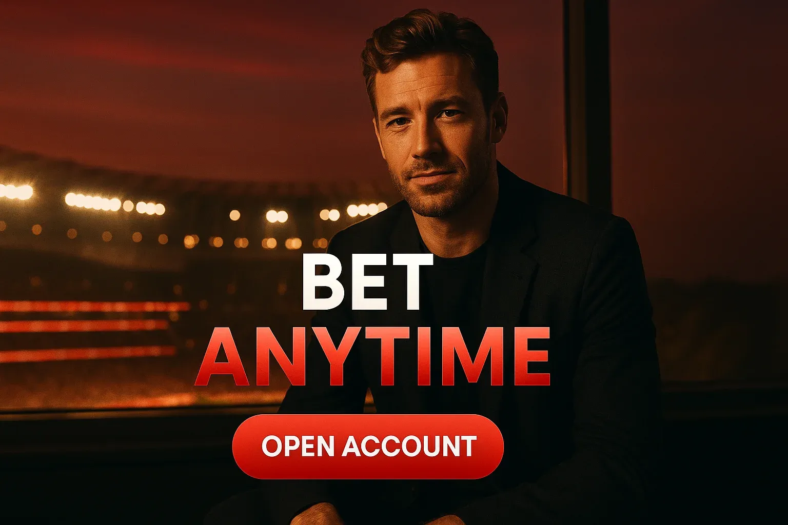 Photorealistic casino banner with British man, evening stadium view and CTA